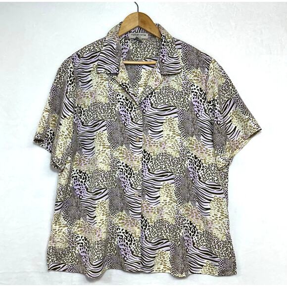 Notations 1X Plus Animal Print Purple Colorful Buttoned Top Collared Funky Retro - Picture 1 of 10